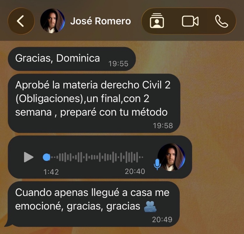 Mensaje de WhatsApp de José: aprobó el final de Derecho Civil 2