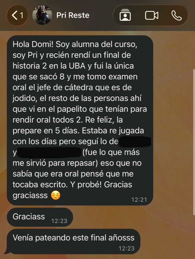 Mensaje de WhatsApp de Pri: aprobó el final de Historia 2 con 8